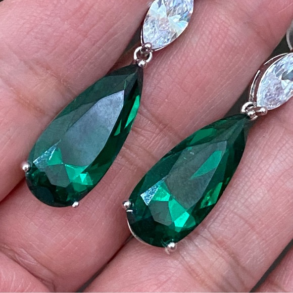 Signed Teardrop Lab Emerald Silvertone Drop Earrings - Picture 8 of 13